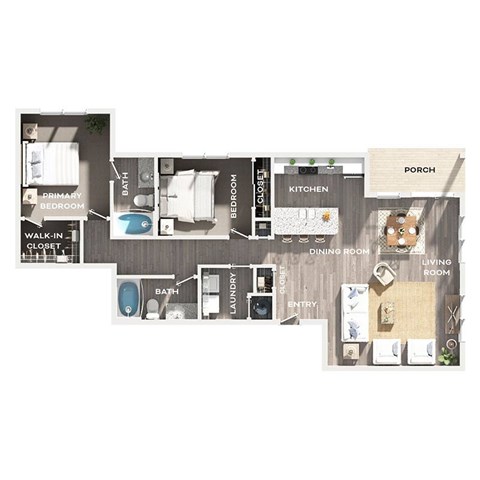 Floor plan for 2 beds, 2 baths, 1226 sqft